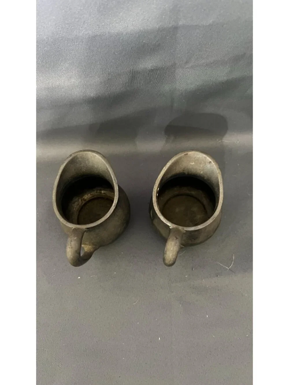 Vintage Pair Of Pewter Creamers With Handles & Marked Bases